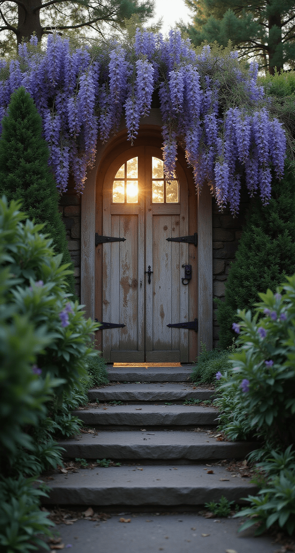 A partially concealed rustic wooden gate surrounded by cascading wisteria and dense evergreen foliage, illuminated by late afternoon light, leading into a mysterious secret garden.