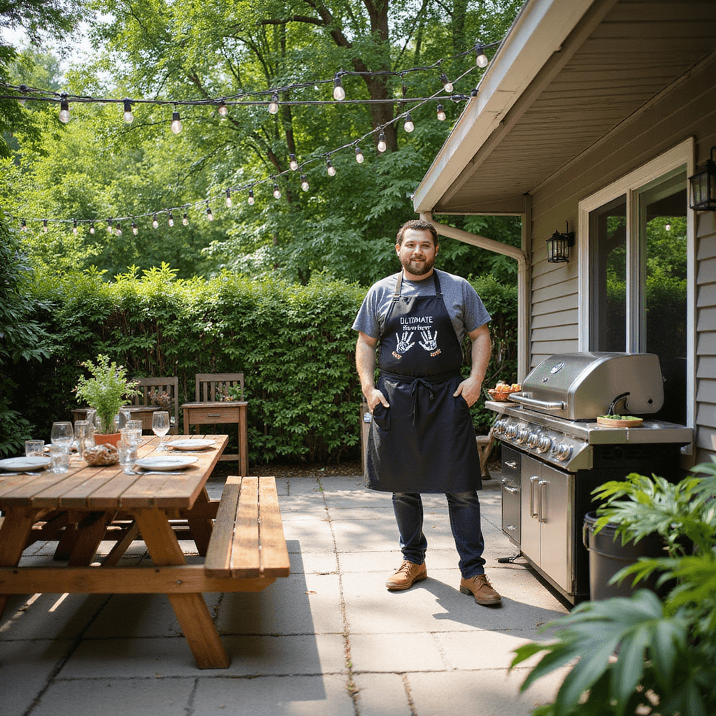 A spacious outdoor patio featuring a state-of-the-art grill and a person in a humorous, handprint-adorned Ultimate Grill Master apron, surrounded by a picnic table set for a family barbecue, lush greenery, and string lights, captured from a slightly elevated angle on a bright summer day.