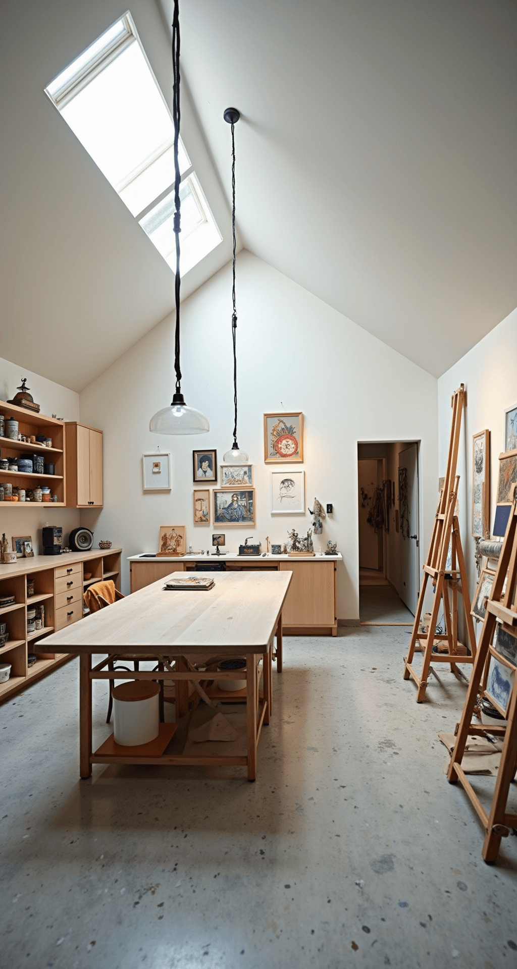 A spacious artist's studio featuring vaulted ceilings, white gallery walls, and pale ash wood built-in storage. An oversized work table is positioned under a skylight, with paint-splattered concrete floors and easels near light sources, all illuminated by simulated daylight from LED panels.