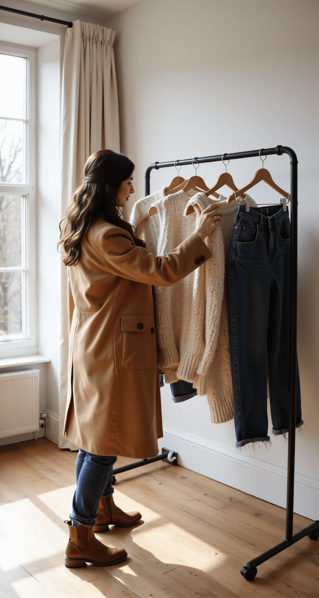 A fashion influencer organizes her winter capsule wardrobe in a sunlit minimalist bedroom, showcasing a luxe camel coat, dark wash denim, and cream chunky knit sweaters on a sleek rack, with natural light enhancing the textures of the clothing and accessories.