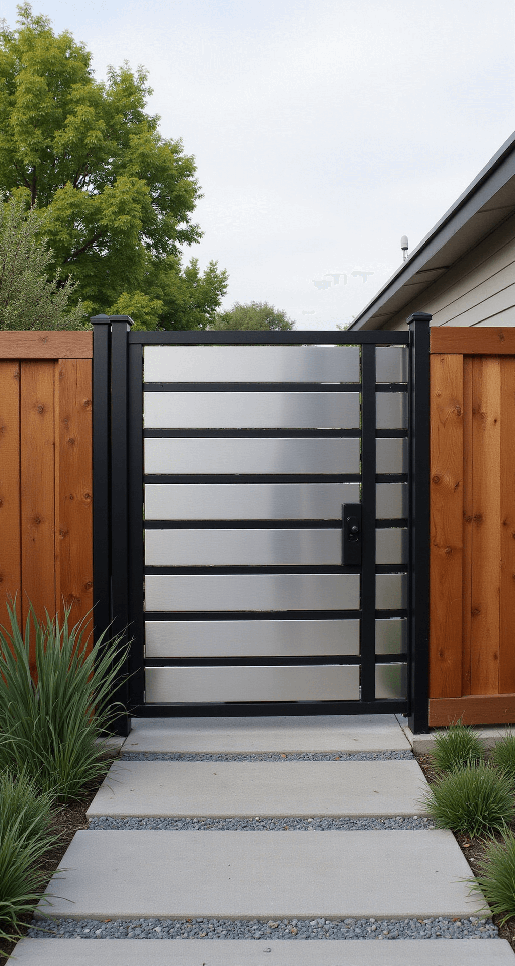 Modern minimalist gate with horizontal brushed stainless steel bars in a black metal frame, adjacent to vertical cedar fence panels. The scene features drought-resistant grasses and geometric concrete pavers, captured in diffused midday light to highlight textures in a monochromatic grey and silver palette with green accents.