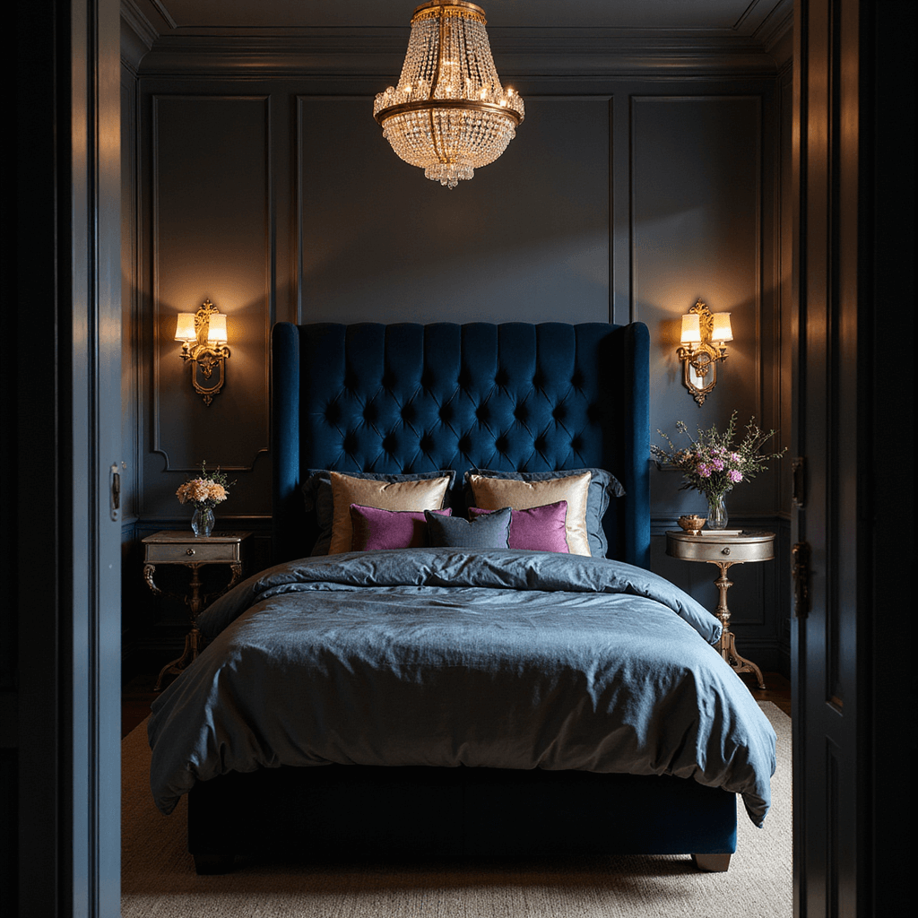 A cozy, moody bedroom featuring dramatic charcoal walls and warm ambient lighting from antique brass sconces and a vintage chandelier, with a tufted deep navy headboard and jewel-toned silk bedding. Gilded mirrors and artwork add metallic accents, shot straight-on from doorway height to highlight the room's symmetry.