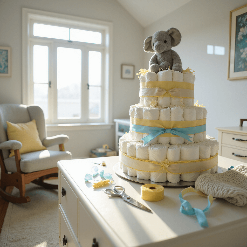 A sun-drenched nursery with vaulted ceilings and large windows, featuring a white dresser adorned with a DIY diaper cake centerpiece topped with a plush elephant. The pastel blue and yellow ribbons contrast against the soft neutral color palette, surrounded by scattered crafting supplies. A rocking chair in the corner holds a half-finished knitted baby blanket, captured in sharp focus with mid-morning light illuminating the scene.