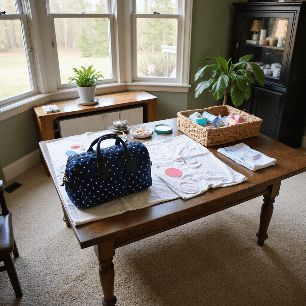A cozy living room with warm afternoon light, featuring a large crafting table by bay windows where a navy blue polka dot diaper bag is being customized. Nearby, a basket filled with soft pastel onesies and eco-friendly diapers. The room has beige carpeting, sage green walls, and dark wood furniture, captured from a bird's-eye view to highlight the crafting process and textures.