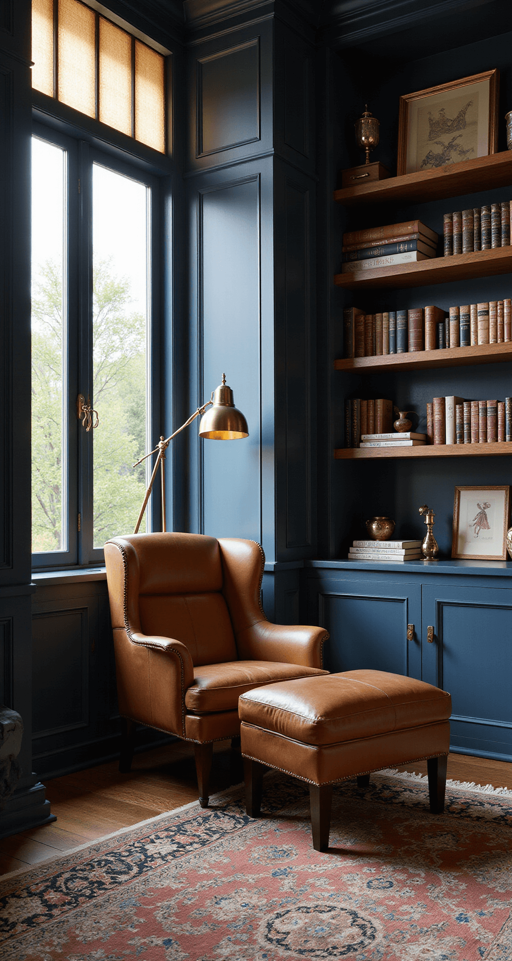 A cozy reading nook featuring floor-to-ceiling deep navy bookcases filled with books, an oversized leather reading chair with a brass floor lamp, and a muted jewel-toned oriental rug, all bathed in warm afternoon sunlight streaming through backlit faux window panels, creating a scholarly refuge atmosphere.