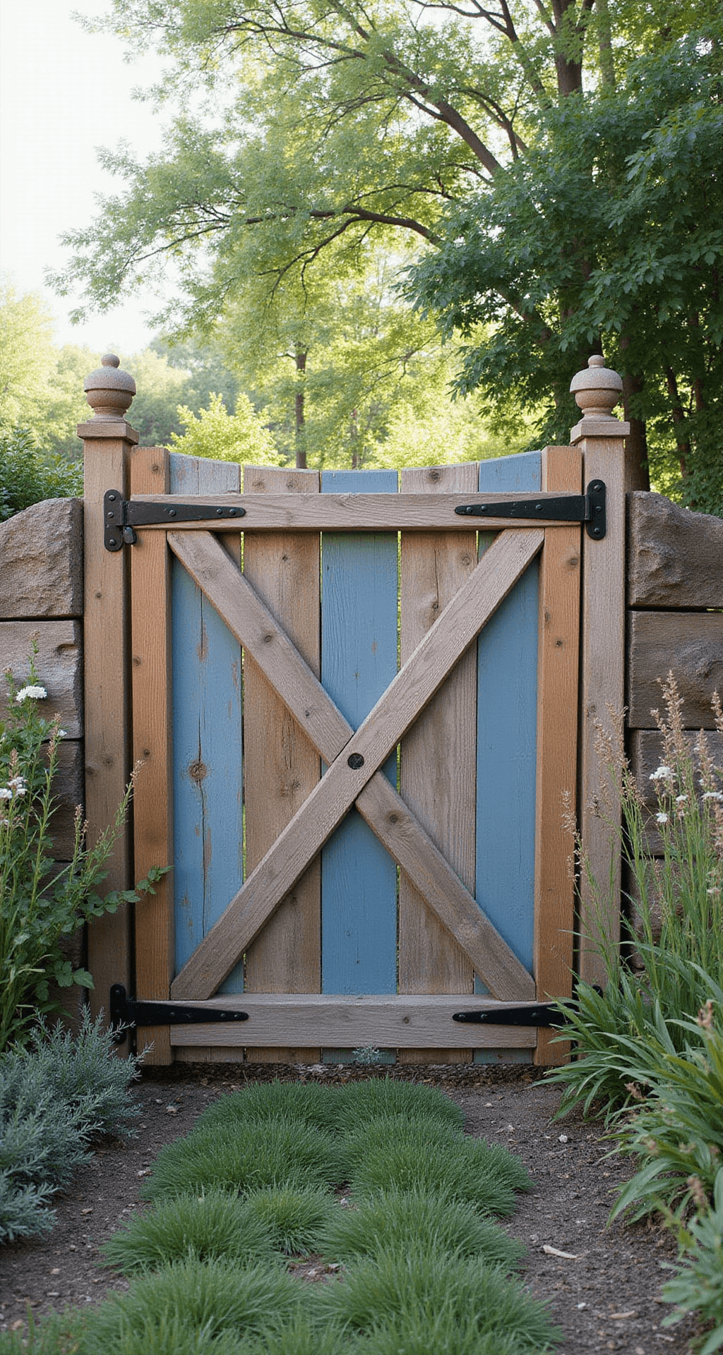 Budget-friendly DIY gate made from reclaimed barn wood, standing 6 feet tall with diagonal bracing, featuring vintage blue paint and weathered patina, surrounded by wildflowers and native grasses, captured in morning light highlighting the wood grain and rustic hardware.