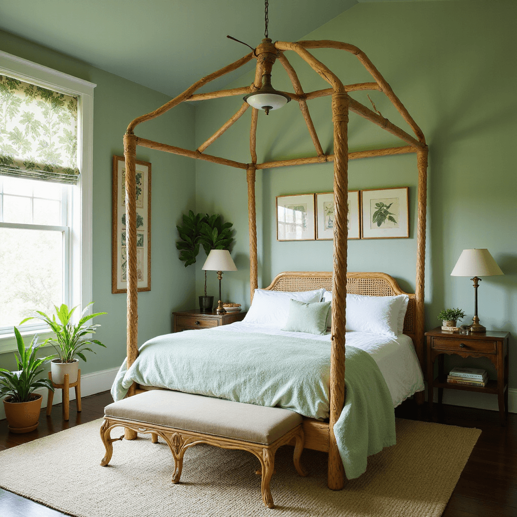 A serene green bedroom with cathedral ceilings, featuring a natural rattan canopy bed, botanical print roman shades, potted fiddle leaf figs, and vintage botanical prints on the walls, illuminated by morning light and soft fill lighting.