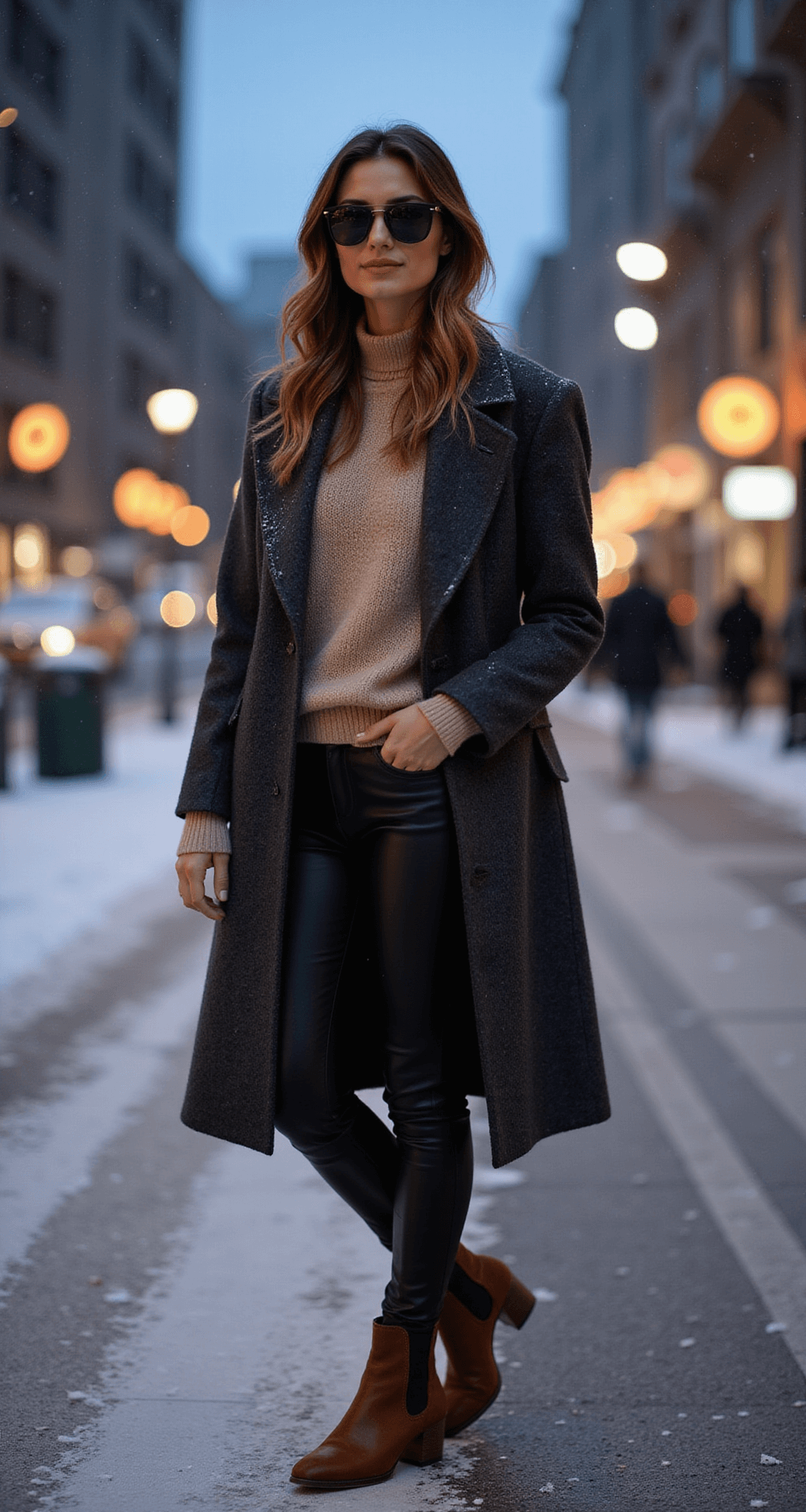 Close-up of a model in a snow-dusted urban setting, wearing black faux leather pants, an oversized oatmeal cashmere sweater, and a structured charcoal wool coat, completed with burnished brown Chelsea boots. The scene captures soft bokeh from street lights and snowflakes in motion, emphasizing the textures and layering of the outfit from a three-quarter angle.