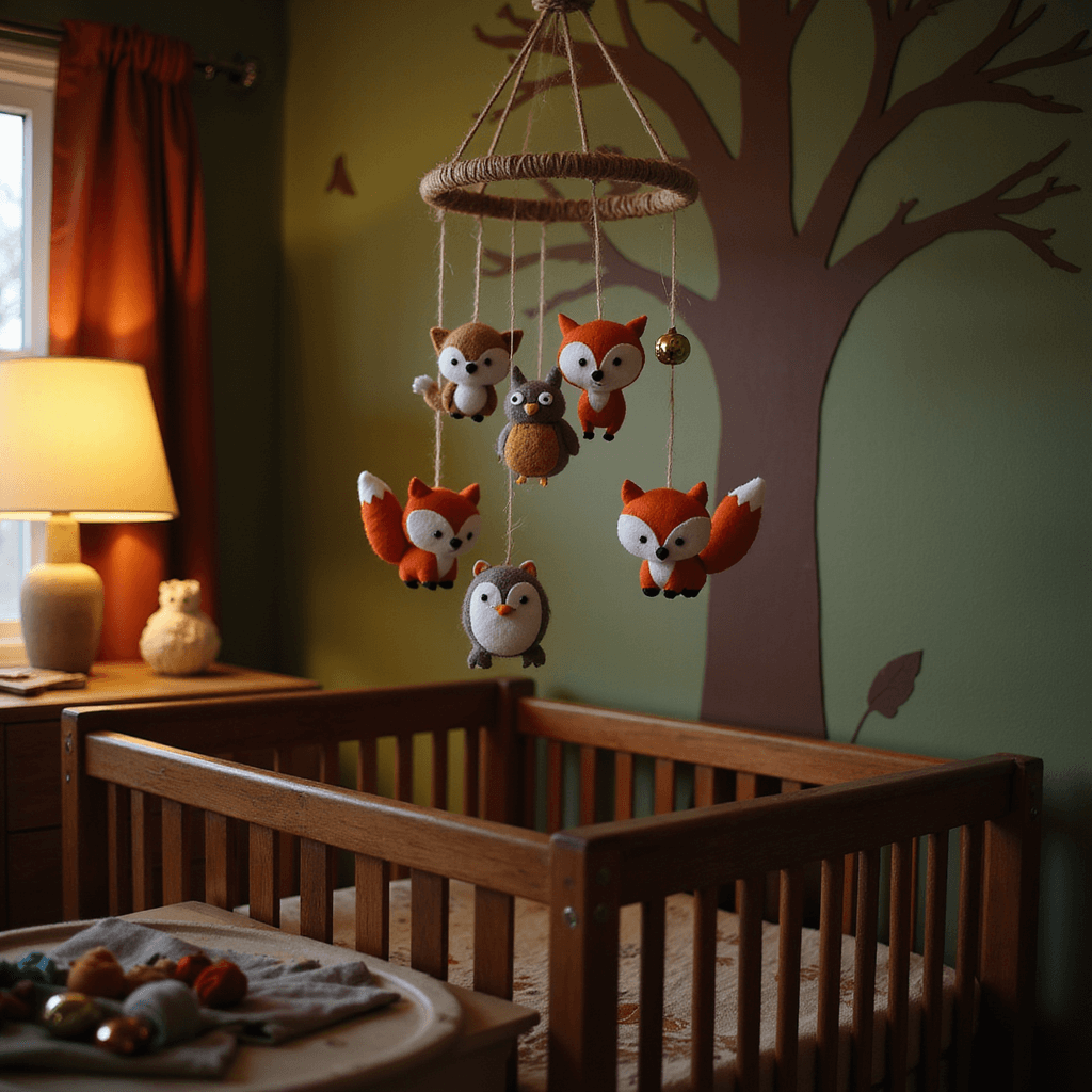 A cozy baby's room at dusk, featuring a rustic wooden crib with a handmade woodland creature mobile, warm table lamp light, and earthy decor in greens, browns, and burnt orange, with crafting supplies scattered on a changing table and a hand-painted tree mural on the wall.
