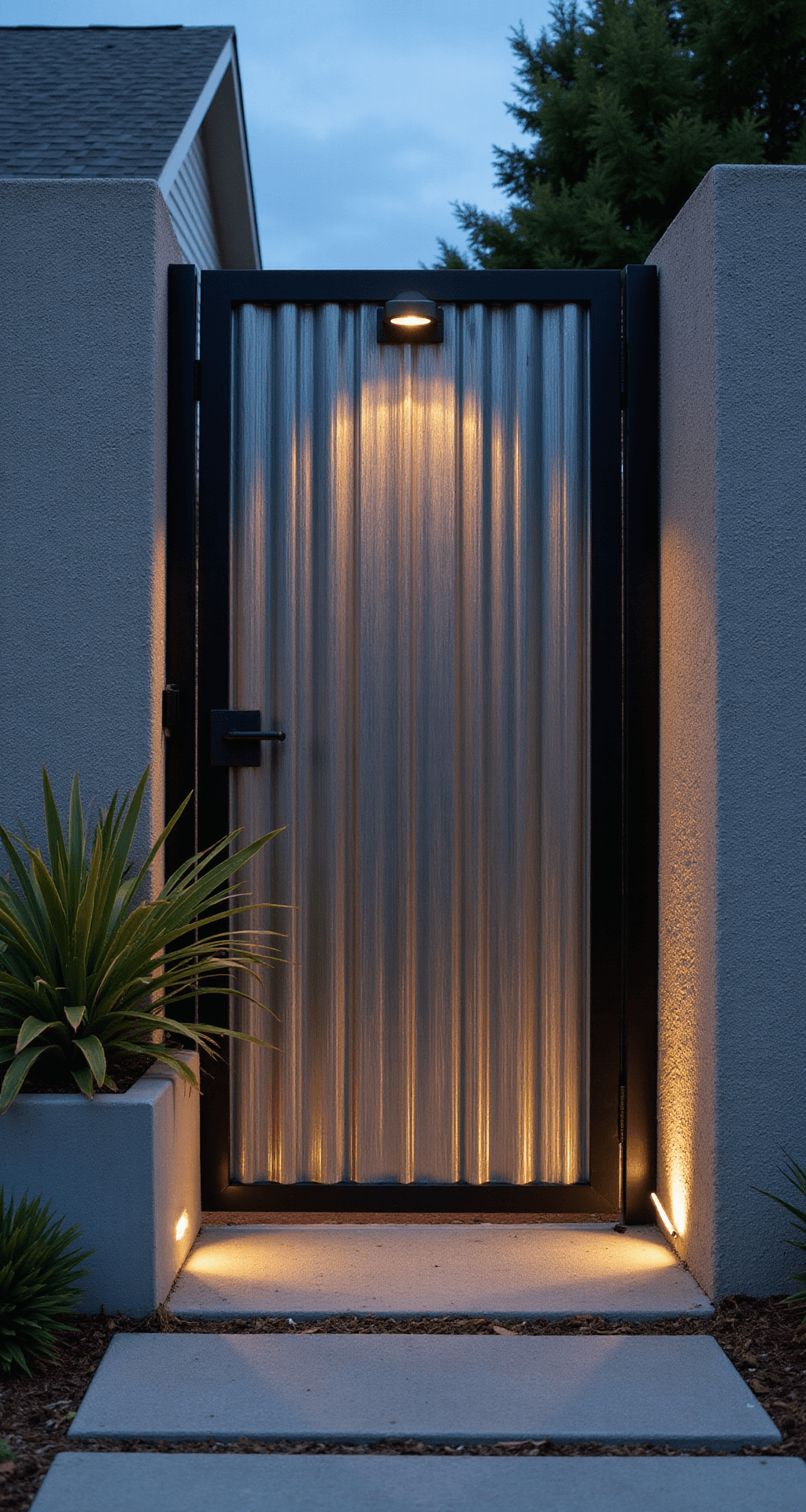 Industrial-modern garden entrance with a 7-foot corrugated metal gate in a sleek black frame, enhanced by dramatic evening lighting from hidden LED strips, surrounded by architectural succulents in concrete planters, captured straight-on with a telephoto lens to emphasize metallic textures and create cool grey tones with deep shadows and warm accents.