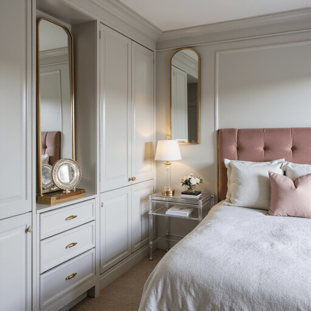 A cozy luxe bedroom featuring a wall-mounted blush velvet headboard, pearl gray walls, and floating Lucite nightstands with modern brass lamps, illuminated by soft late afternoon light and strategically placed mirrors that enhance the illusion of space.