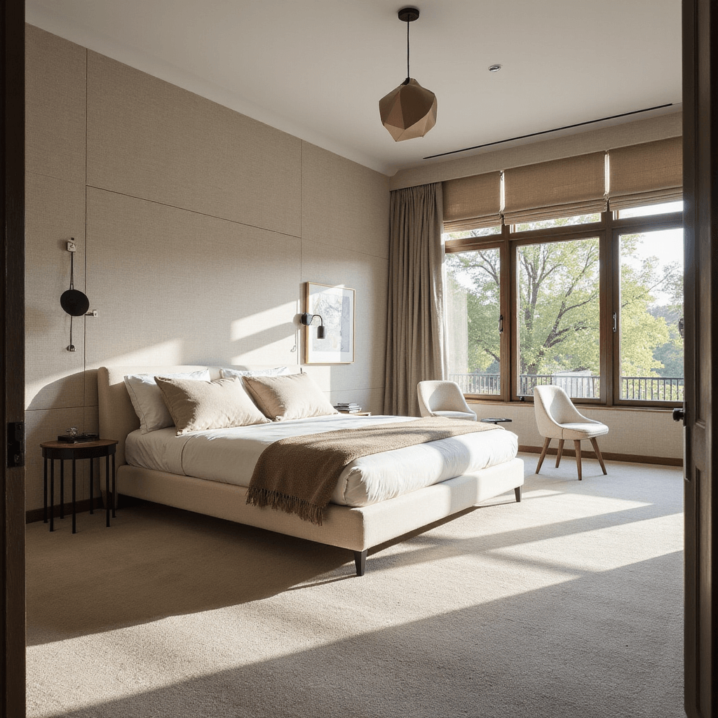 A spacious contemporary bedroom with floor-to-ceiling windows, featuring textured grasscloth wallpaper, an oversized oatmeal linen platform bed, minimal black metal side tables, and a sculptural pendant light, all illuminated by natural midday light. The room showcases layered textures through bouclé chairs, wool carpeting, and woven window treatments.