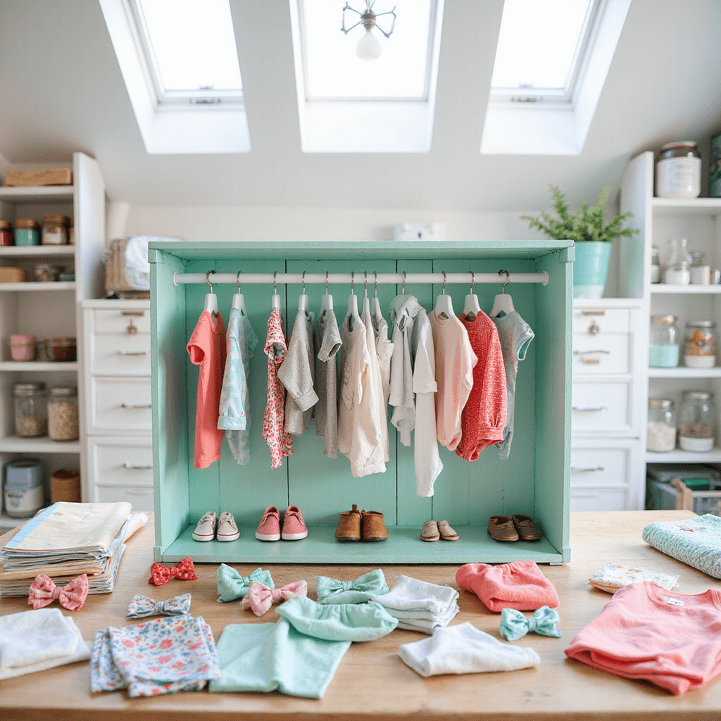 A bright craft room with a large work table showcasing a DIY mint green baby closet organizer made from wooden crates, surrounded by colorful onesies, baby shoes, and hair bows, all illuminated by morning light from skylights.