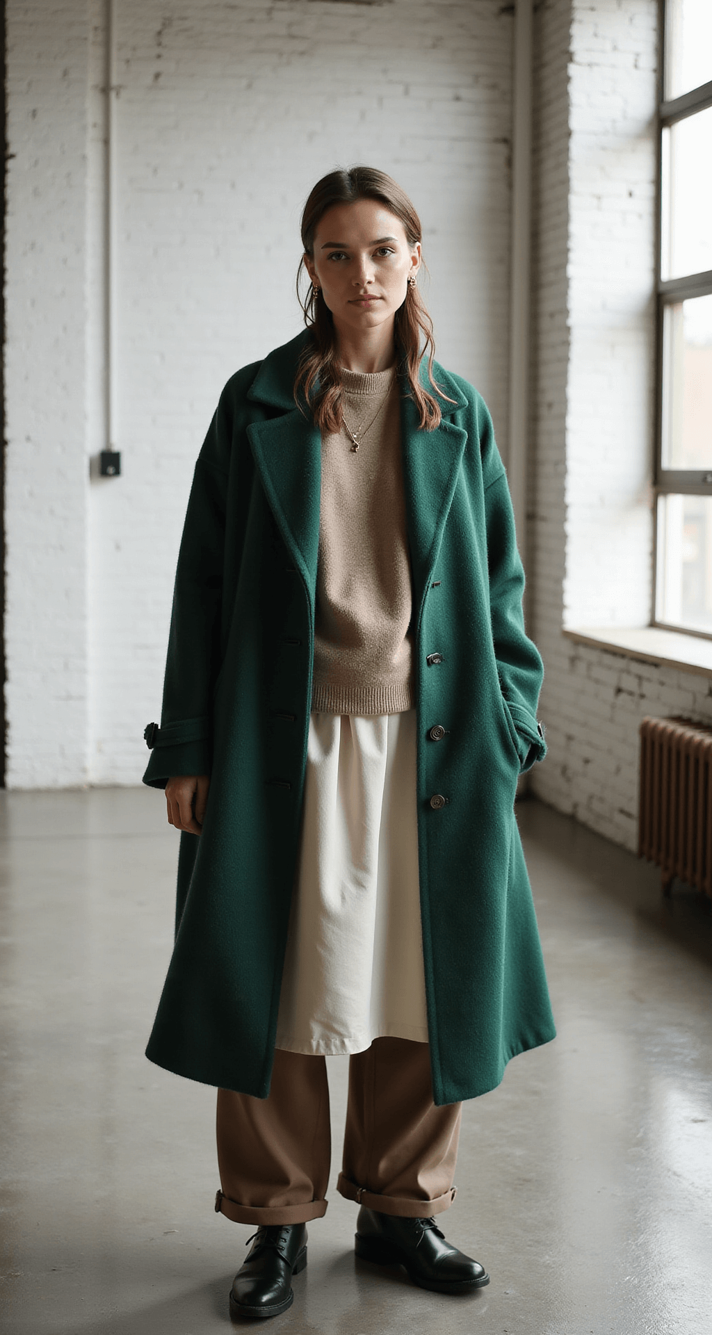 A winter layering masterclass set in a modern loft with industrial elements, featuring a model in an ivory silk base layer, taupe cashmere mid-layer, and an emerald green wool statement coat, against a white brick wall and concrete floor, with midday diffused light highlighting the textures and color combinations.