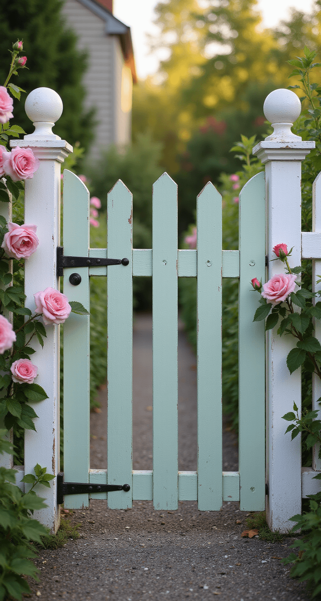 Cottage-style wooden picket gate, painted soft sage green with white trim, flanked by pink climbing roses and white picket fence under gentle morning sunlight, leading to a cottage garden with a gravel path, featuring a shallow depth of field that highlights the gate's details amidst softly blurred flowers.