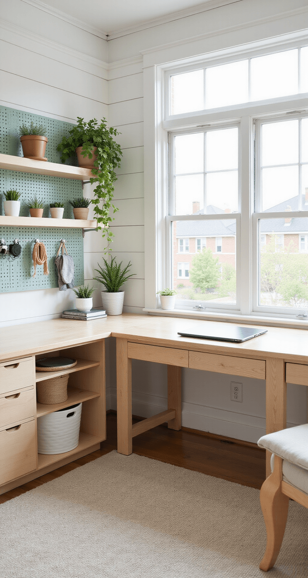 Bright Scandinavian-inspired craft room with white shiplap walls and pale wood accents, featuring a custom craft table with storage cubbies, a sage green pegboard wall for organization, potted plants on floating shelves, and comfortable natural linen task seating, illuminated by morning light from an enlarged egress window.