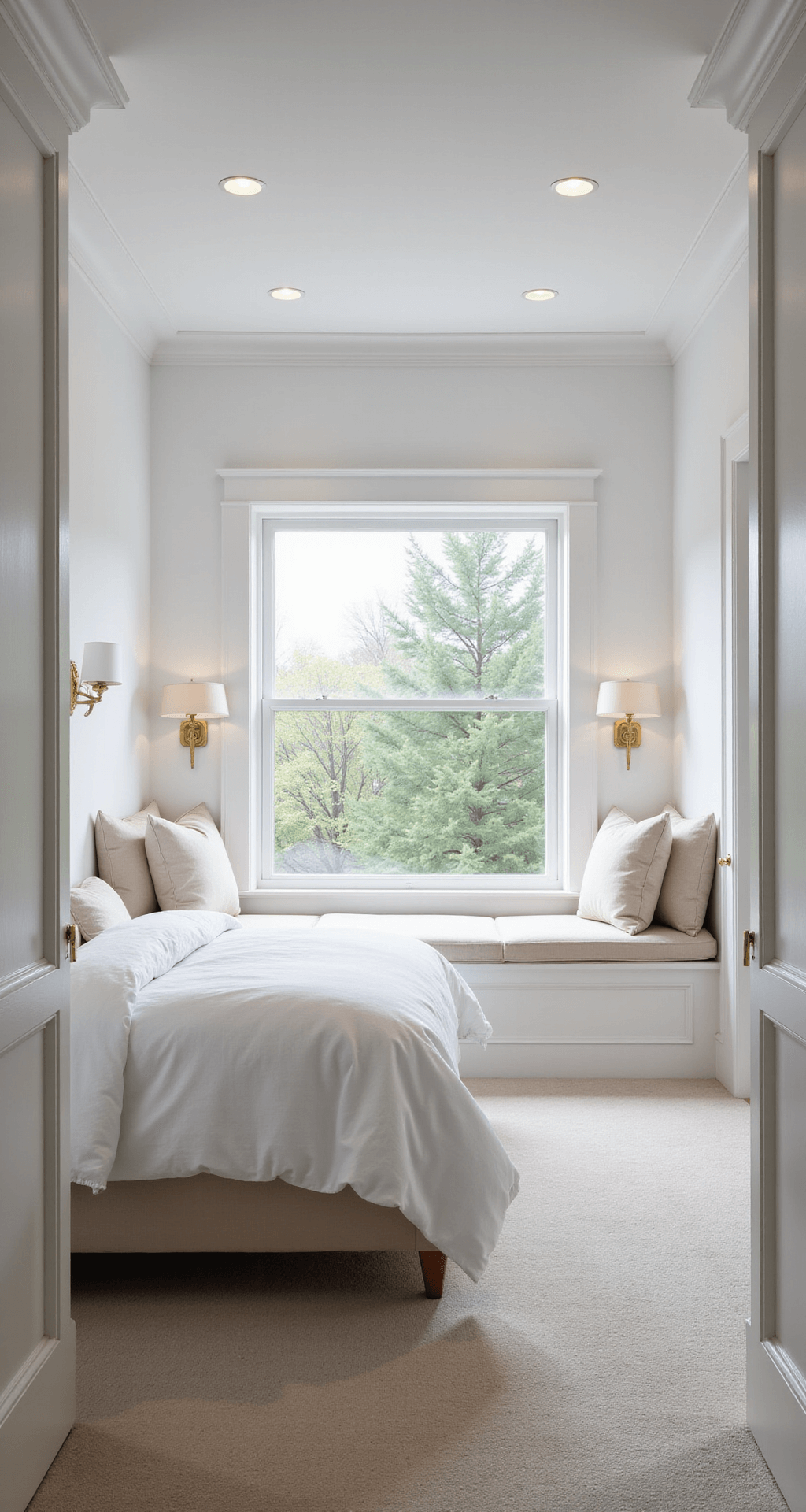 A bright basement bedroom with white walls and warm recessed lighting, featuring a custom window seat with ivory linen cushions, a queen bed in cloud-white bedding, and morning light streaming through a high rectangular window. The space includes plush wool carpet, velvet pillows, and glossy white trim, creating an airy and serene ambiance.