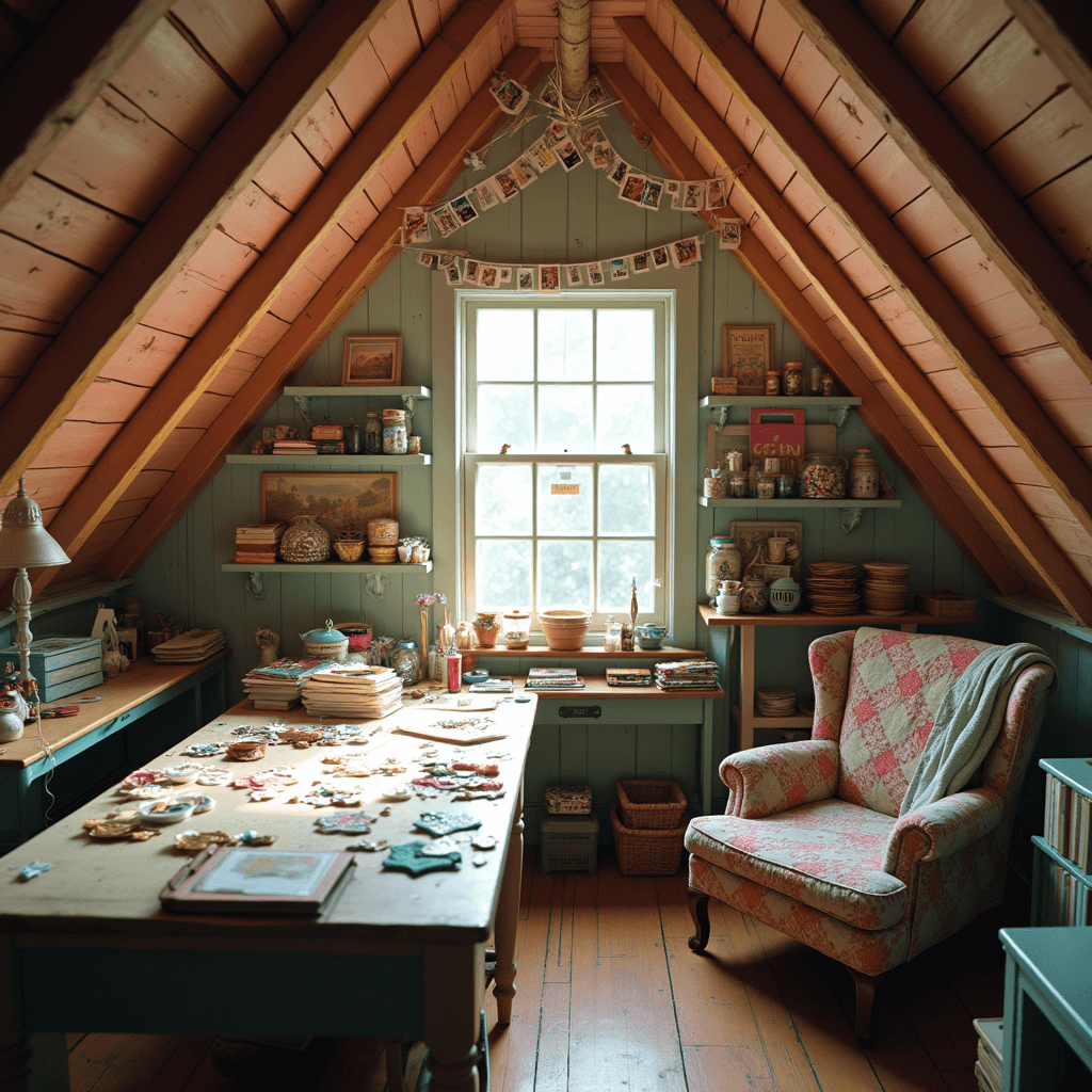 Cozy attic craft room with warm afternoon light, featuring exposed wooden beams, a vintage work table covered in fabric scraps, shelves of mason jars filled with craft supplies, a comfy armchair draped with a quilt, and a garland of Polaroid photos, all in muted pastels with pops of teal and coral.