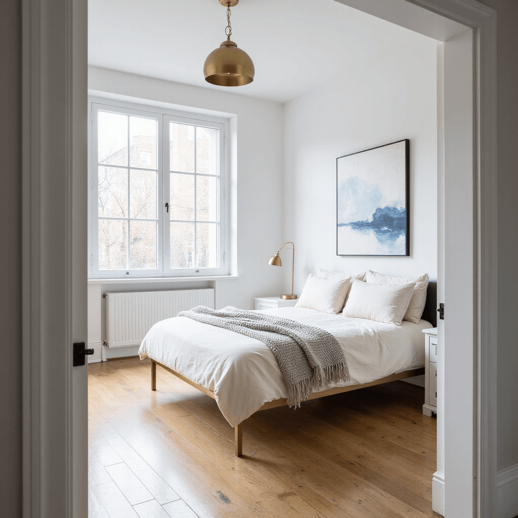 A minimalist bedroom featuring a queen platform bed with a brass frame, bathed in morning light from floor-to-ceiling windows. The walls are painted in 'White Dove', and light oak floors complement the built-in white storage flanking the window. A brushed gold pendant light hangs at an angle, while textured layers of cream bedding, a pale gray throw, and a large abstract artwork create a serene atmosphere. The camera captures the scene from the door frame, reflecting the natural light.