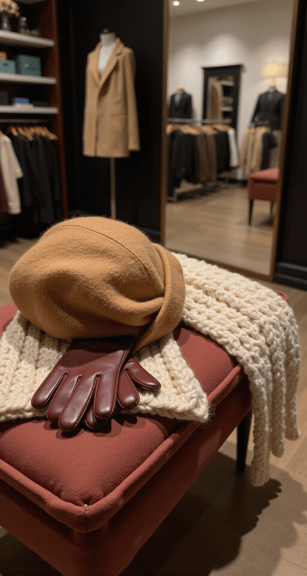 A close-up detail shot of winter accessories, featuring a camel cashmere beanie, oxblood leather gloves, and a cream wool chunky knit scarf, arranged on a velvet seating bench with soft ambient lighting, highlighting the textures and warm color palette.