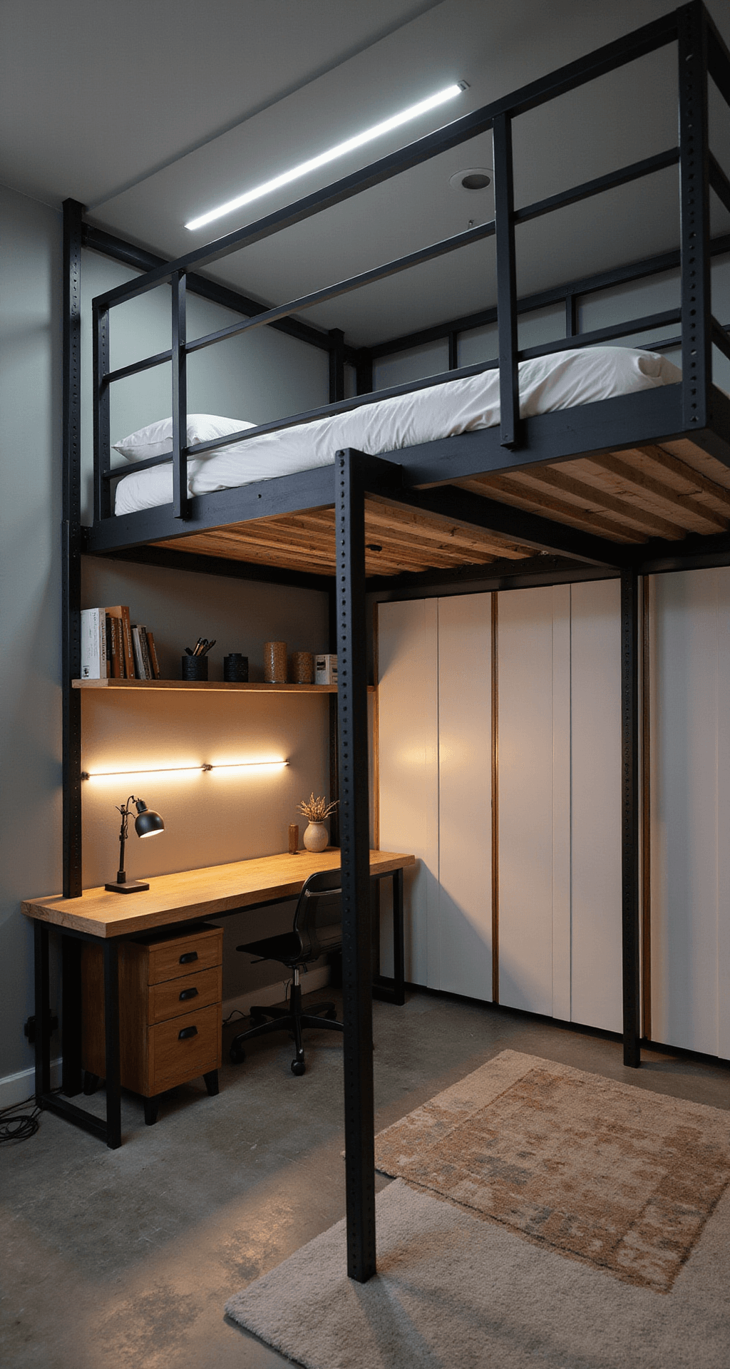 Low-angle shot of a modern basement bedroom featuring an industrial-style loft bed in matte black, a built-in white storage unit, and ambient LED strip lighting. The room showcases a cool color palette of grays, whites, and warm wood tones, with a geometric area rug on a concrete floor and a well-organized desk area.
