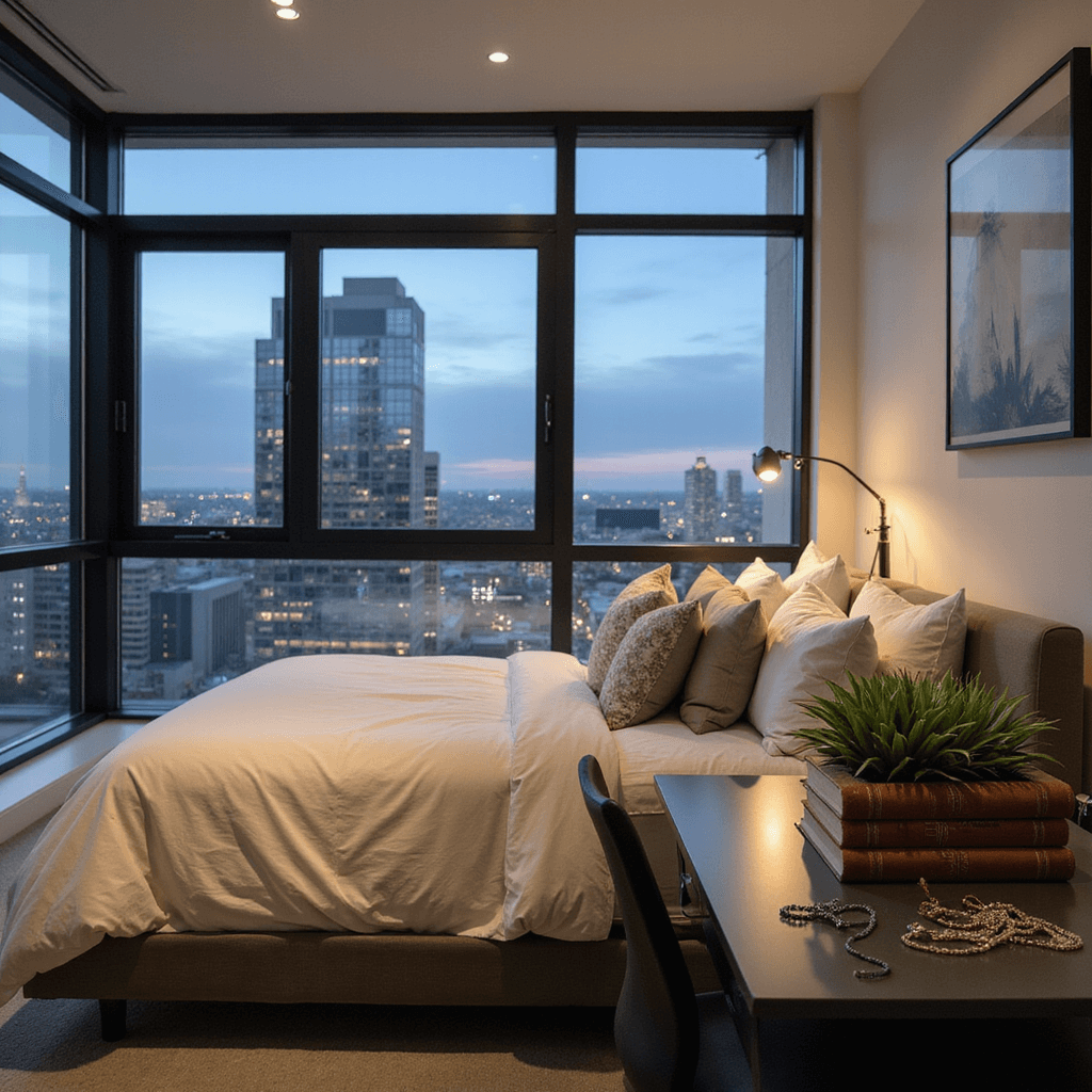 A modern minimalist bedroom with floor-to-ceiling windows displaying a cityscape at dusk, featuring a platform bed with white linens and colorful handmade throw pillows. A DIY succulent book planter sits on the nightstand, and a sleek desk with jewelry-making supplies and unfinished necklaces is visible. Soft LED lighting enhances the serene and creative atmosphere.