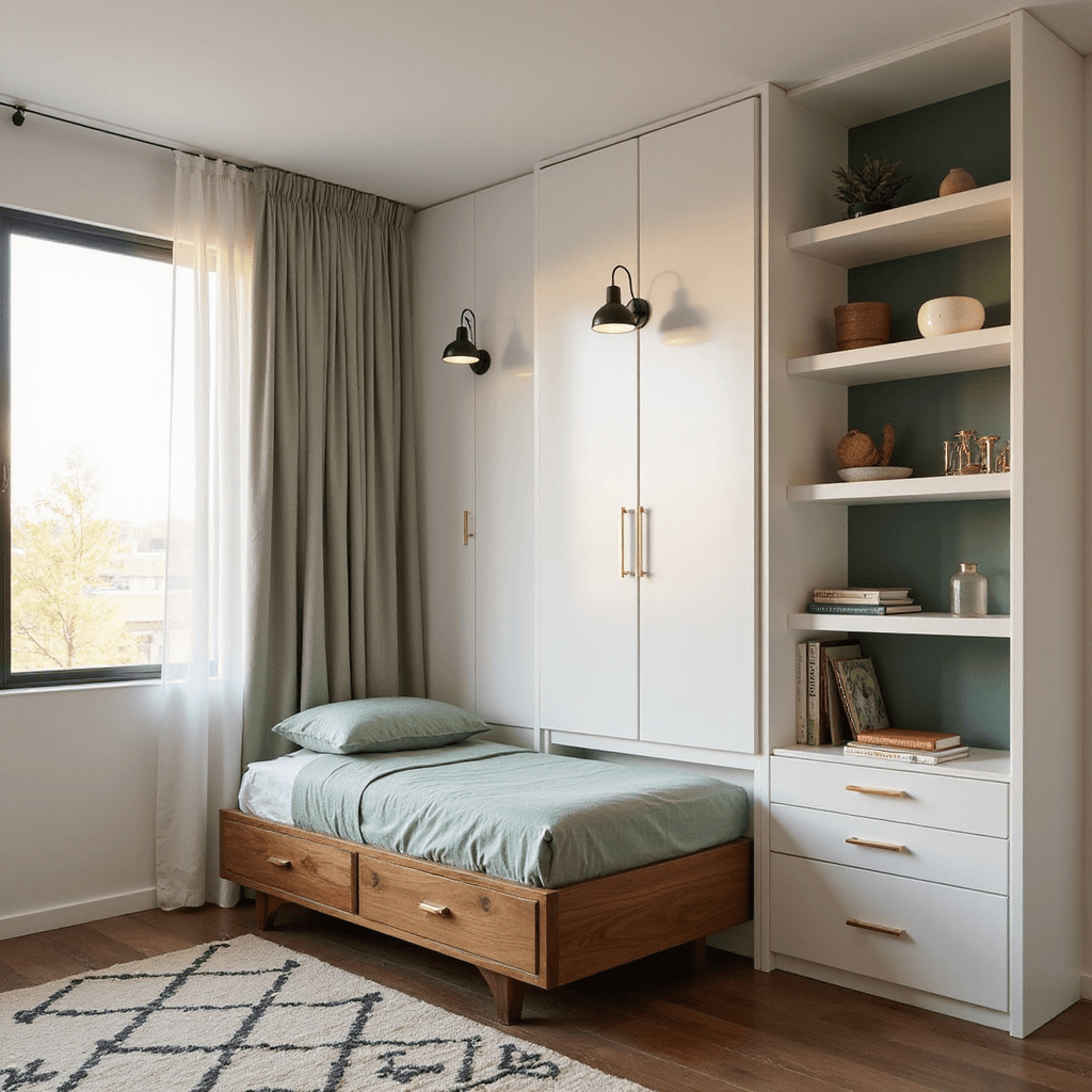 Compact 9'x11' bedroom at golden hour showcasing vertical storage with a floor-to-ceiling white shelving unit, a mid-century modern twin bed in walnut with drawers, black swing-arm sconces, sheer billowing curtains, and a geometric cream and charcoal area rug, all captured from an elevated corner angle.