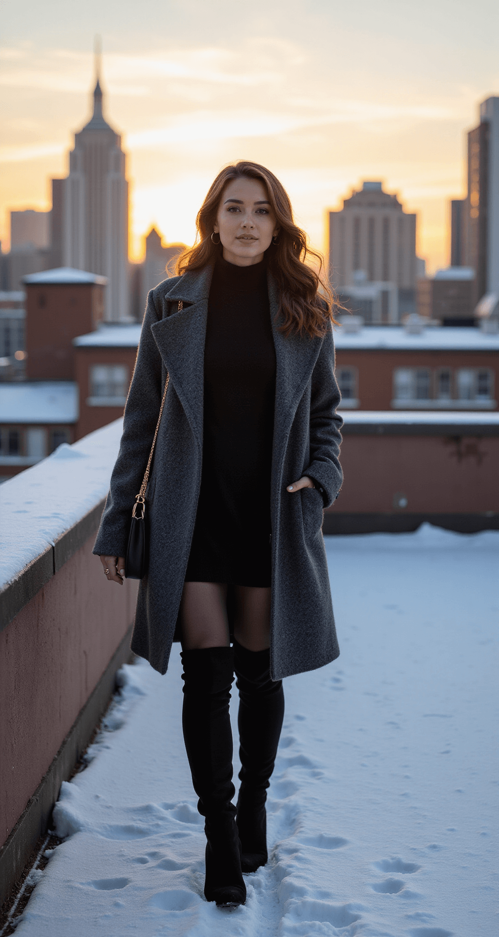 Snow-covered urban terrace during golden hour showcasing a model in a monochrome winter outfit: charcoal wool coat, black cashmere sweater dress, and over-the-knee suede boots, set against a warm city skyline backdrop, captured from street level with emphasis on architectural elements.