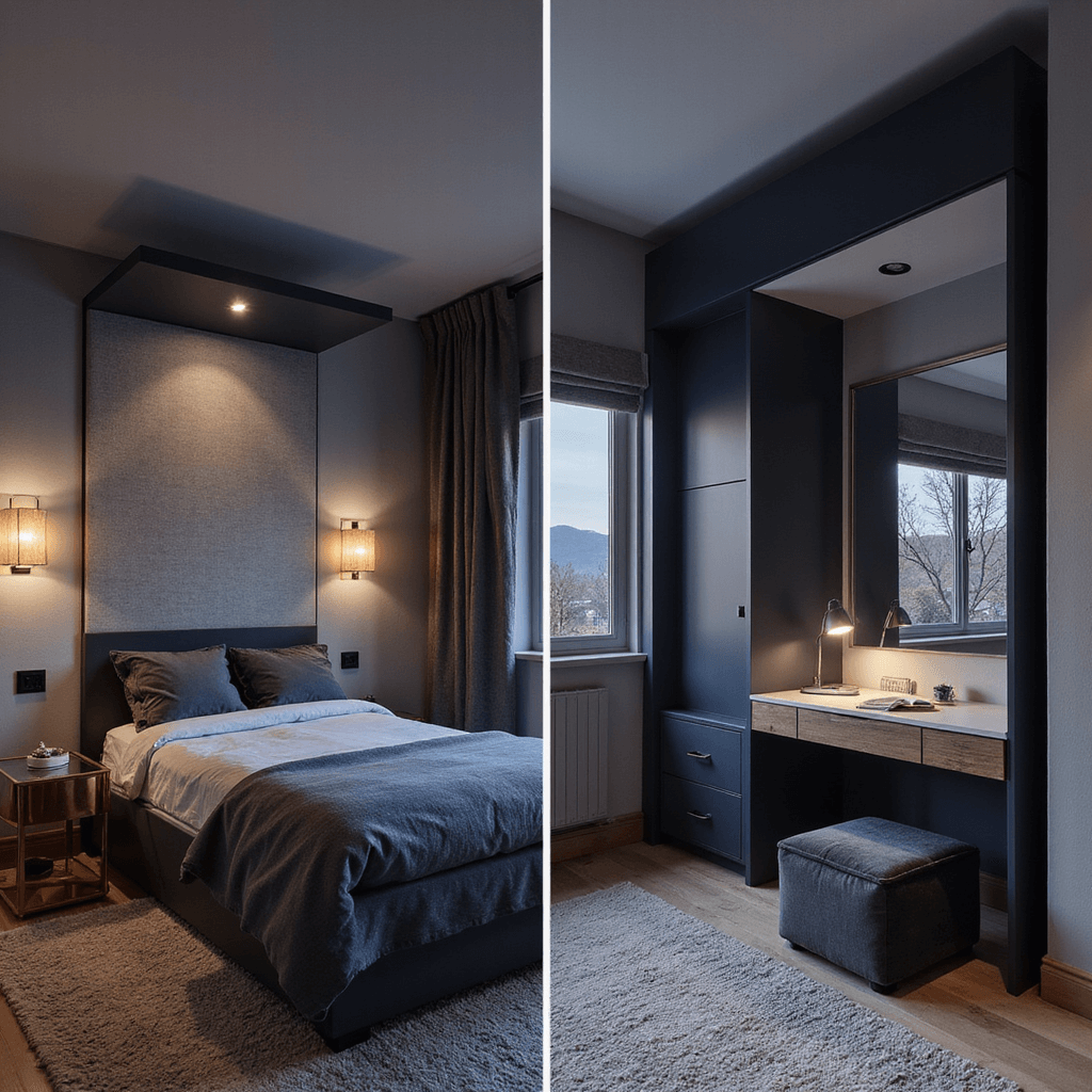 Cozy bedroom at dusk featuring multifunctional furniture: a down Murphy bed in matte navy, revealing a home office setup, with copper and glass nesting side tables, a floating desk/vanity with illuminated mirror, and charcoal velvet storage ottoman, all in Farrow & Ball 'Skimming Stone' walls.