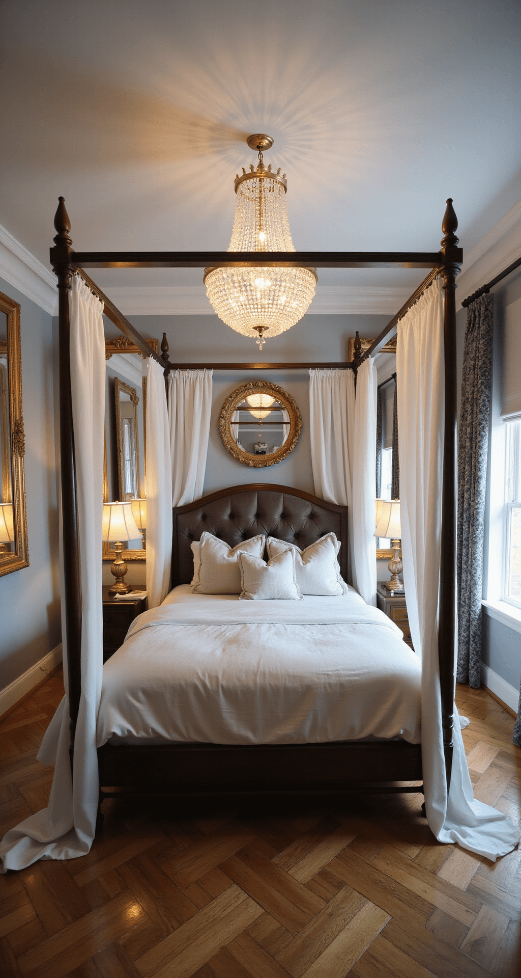 Luxurious basement retreat featuring a dramatic four-poster bed, sheer white drapes, crystal chandelier, gilt-framed mirrors, plush velvet headboard, silk bedding, and herringbone hardwood floors, illuminated by warm afternoon light.