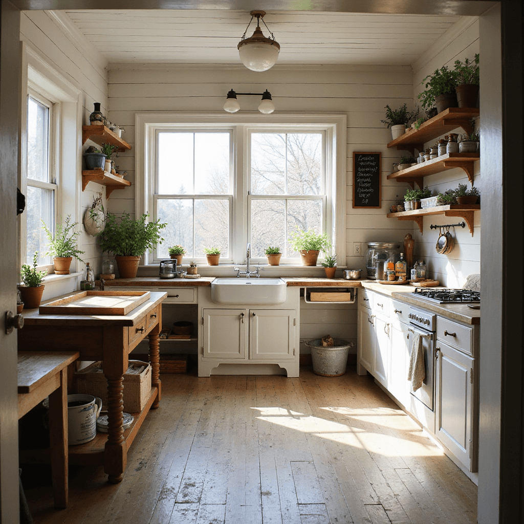A warm and inviting rustic farmhouse kitchen flooded with morning sunlight, featuring shiplap walls, open shelving, and a large island with woodworking tools. The space includes hanging plants, a vintage enamel sink with dyed fabric, a chalkboard wall displaying sketches, and a color palette of warm whites, natural woods, and sage green accents.
