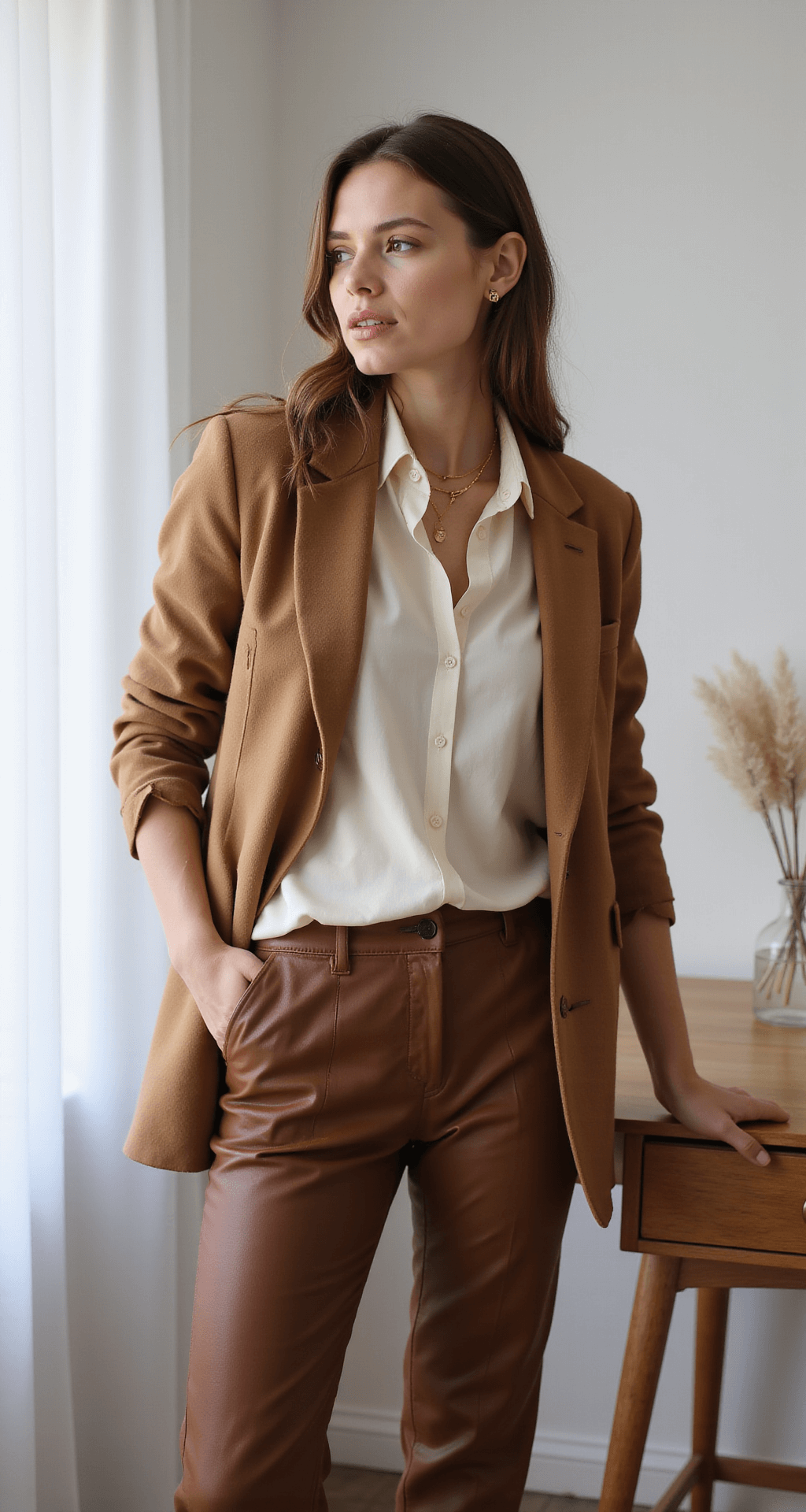 A cozy Scandinavian-style home office bathed in morning light, featuring a model in winter workwear: brown leather pants, a cream silk blouse, and a camel blazer, accessorized with delicate gold jewelry, all set against a clean, minimal background of white walls and light wood furniture.