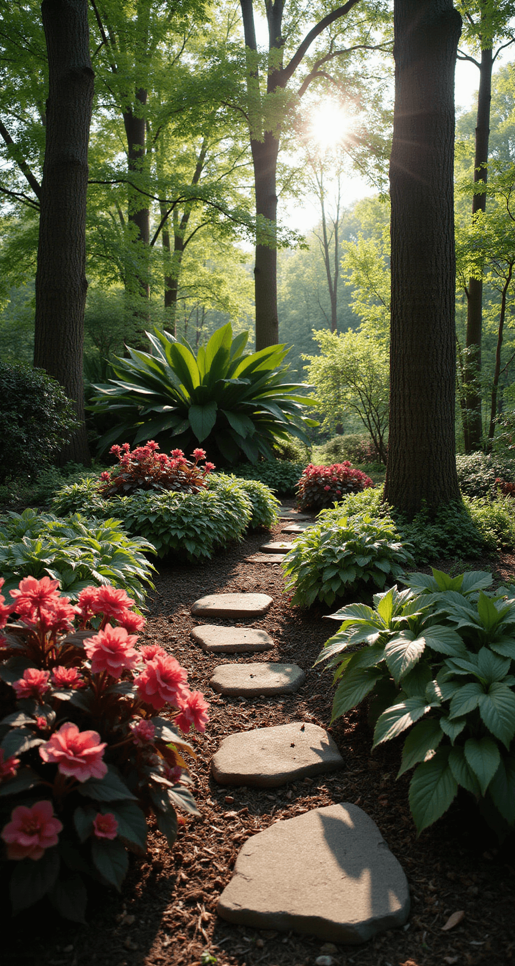A lush woodland shade garden at golden hour, featuring layered plantings of Giant Ruffled Red Begonias and massive Elephant Ears, with a meandering natural stone path bordered by Hostas in varying shades of green and cream. The scene is captured from a low angle, showcasing dappled sunlight filtering through tall maples, creating an atmospheric glow and highlighting the rich soil texture between plants. The color palette includes deep emerald, burgundy, forest green, and coral pink blooms.