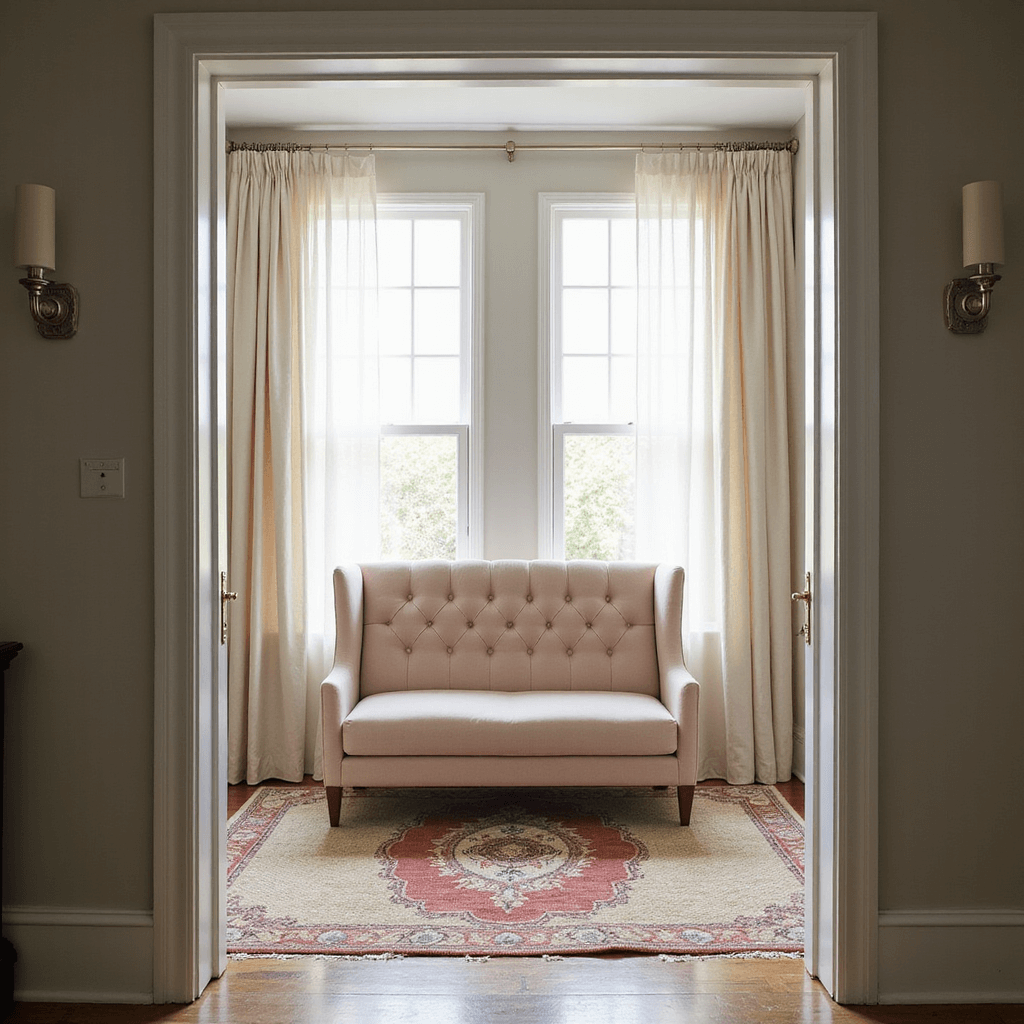 A sunlit bedroom features double windows adorned with floor-to-ceiling ivory sheer linen panels, a tufted pale blush velvet queen headboard, polished nickel sconces, and layered jute and Persian rugs, all bathed in an ethereal morning glow.