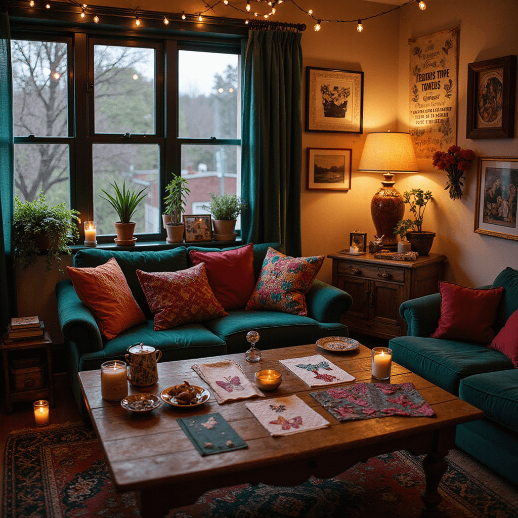 A cozy eclectic living room at twilight, illuminated by fairy lights and candles, featuring vintage and modern furniture, a plush velvet sofa with colorful pillows, and a coffee table filled with DIY craft projects, framed friendship quotes, and photo collages, all in rich jewel tones.
