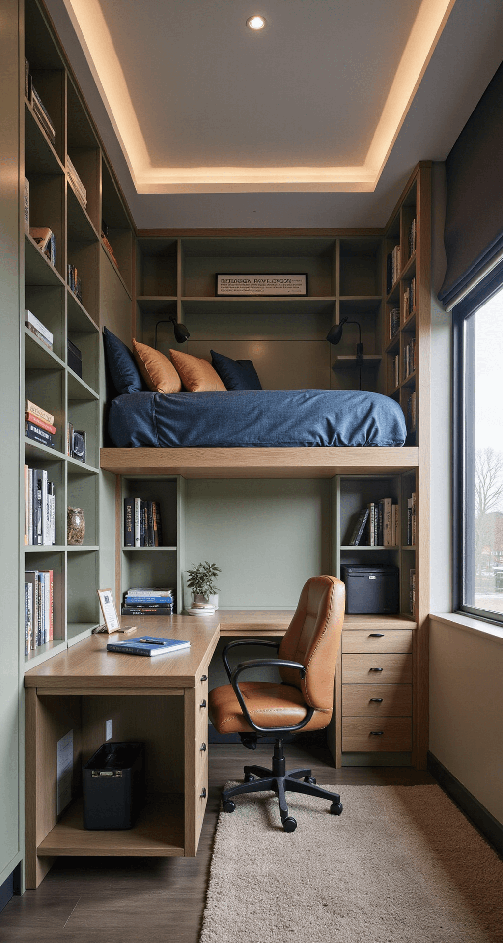 Wide-angle view of a hybrid office-bedroom space featuring a split-level design. The elevated sleeping area includes a sage green Murphy bed flanked by bookshelves, while the lower workspace boasts a floating desk and adjustable task lighting. Natural light from an egress window complements layered artificial lighting, highlighting a cozy yet professional atmosphere with earth tones and blue accents. Materials like leather, wood, and brushed metal complete the design.