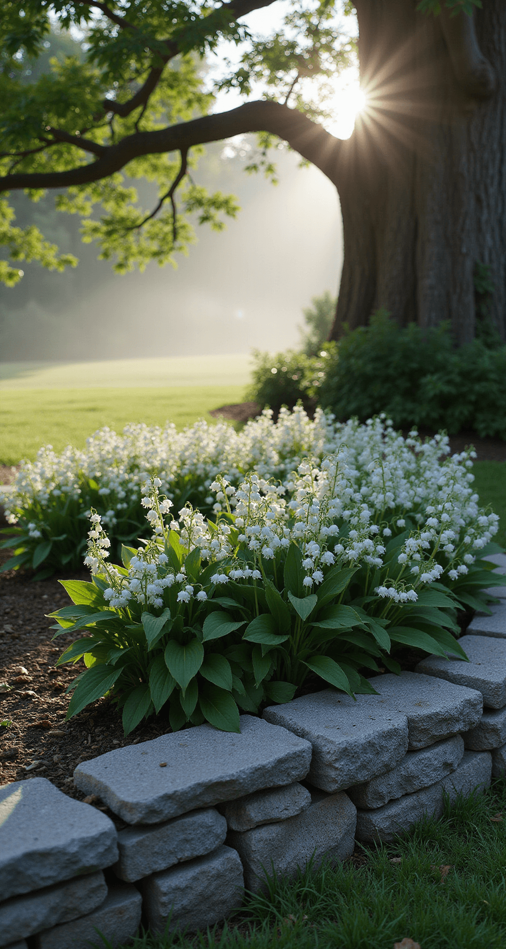 Close-up of a dense patch of Lily-of-the-Valley under an oak tree, featuring delicate white bell-shaped flowers and dark green foliage, with dewdrops glistening in the early morning light. A natural stone border frames the planting area, while filtered sunlight creates an ethereal glow through the flowers.