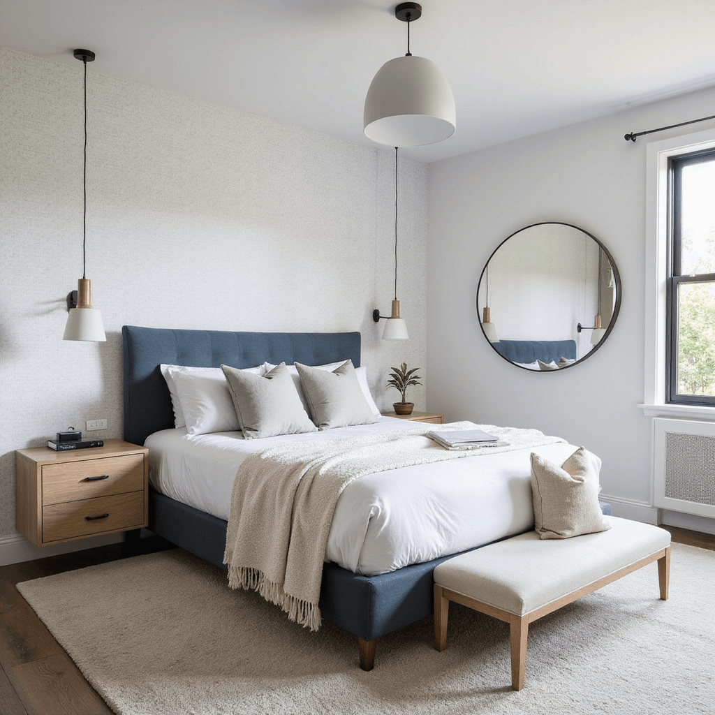 Corner bedroom with a diagonal furniture layout featuring a queen bed at a 45-degree angle, slate blue linen headboard, floating bleached oak nightstands, an oversized mirror reflecting window light, textured white wallpaper, a matte white ceramic pendant light, and a cream bouclé storage bench under the window, all illuminated by soft afternoon light.