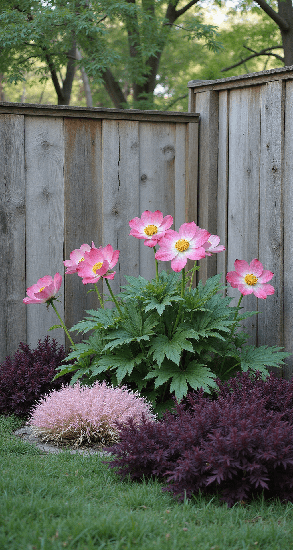Late afternoon portrait of a tranquil Japanese shade garden corner featuring blooming Japanese Anemones and Astilbe 'Cotton Candy' amid a weathered wooden fence, with dark purple Plum Bouquet varieties in the background, all bathed in softened light filtered through natural bamboo screening.