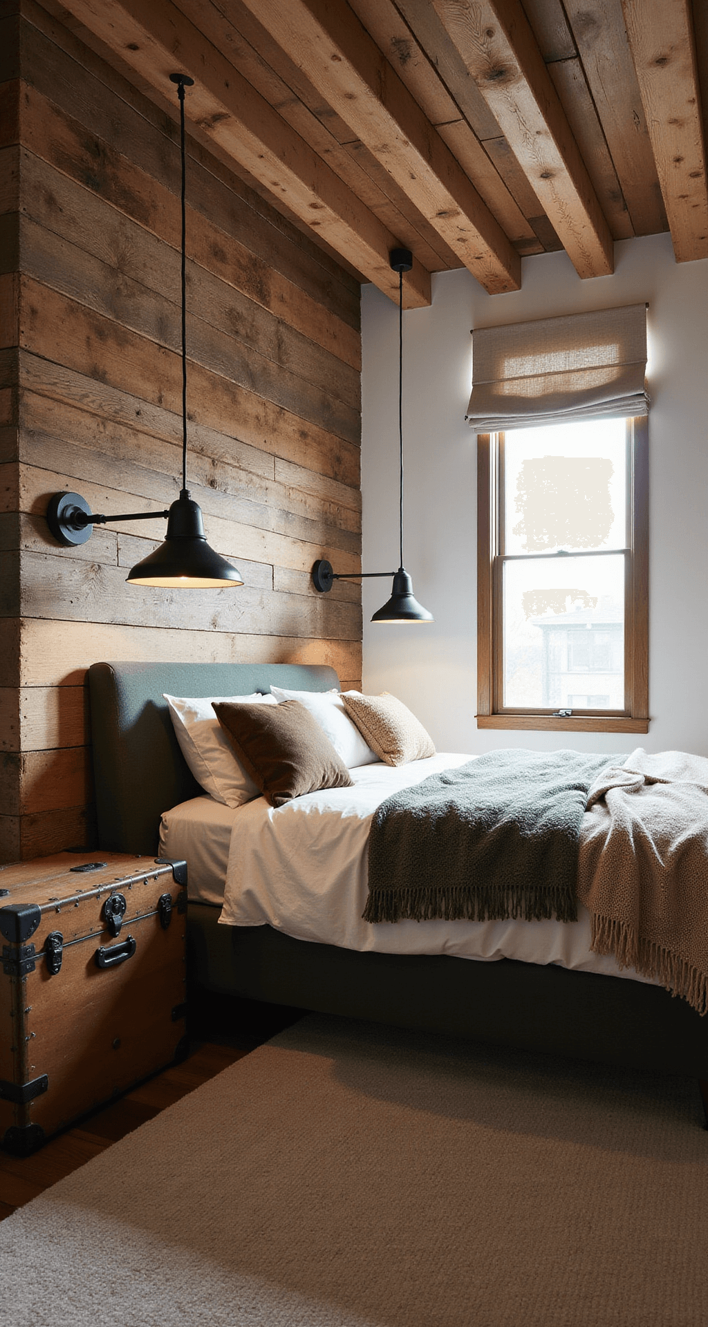 Cozy rustic basement bedroom featuring a reclaimed wood accent wall, platform bed, iron pendant lights, and vintage trunk as bedside table, illuminated by morning light through linen roman shades.