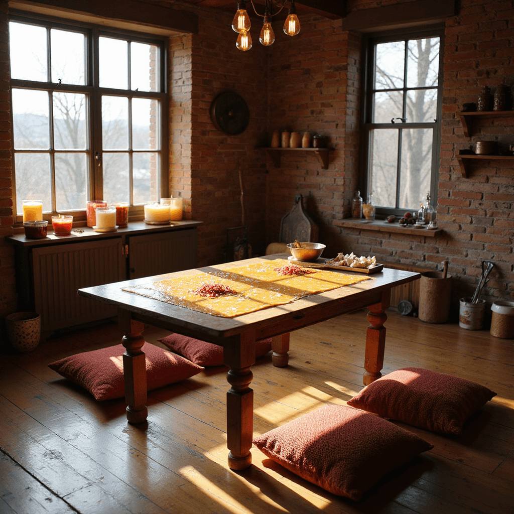 A cozy living room with exposed brick walls transformed into a candle-making space, featuring a large farmhouse table covered in beeswax sheets and wicks, surrounded by plush floor cushions. Finished candles are displayed on wooden shelves, while vintage candle molds adorn the walls. The warm glow of late afternoon sunlight and Edison bulbs creates a nostalgic atmosphere.