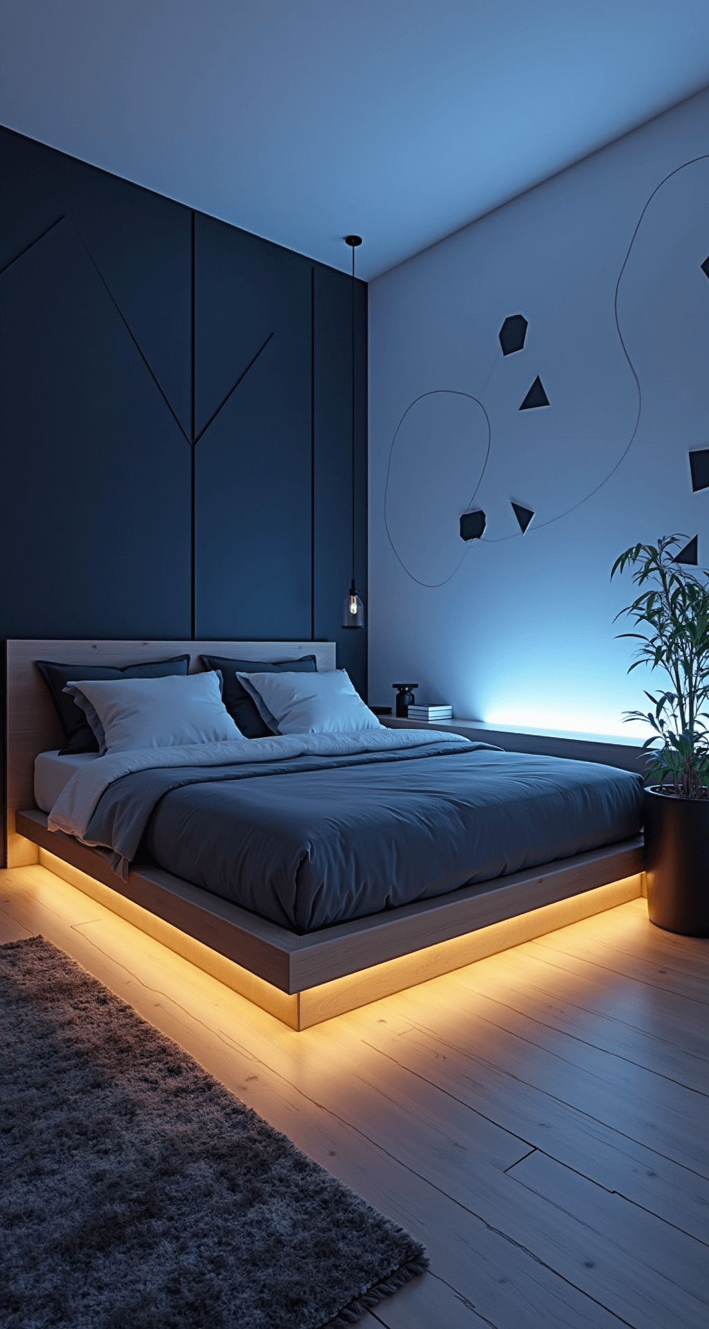 A modern minimalist teen sanctuary featuring a floating light oak platform bed with LED underlighting, white walls adorned with matte black geometric decals, and a corner gaming setup illuminated with ambient RGB lighting, all presented in an evening scene with dramatic lighting and a monochromatic palette accented by electric blue.