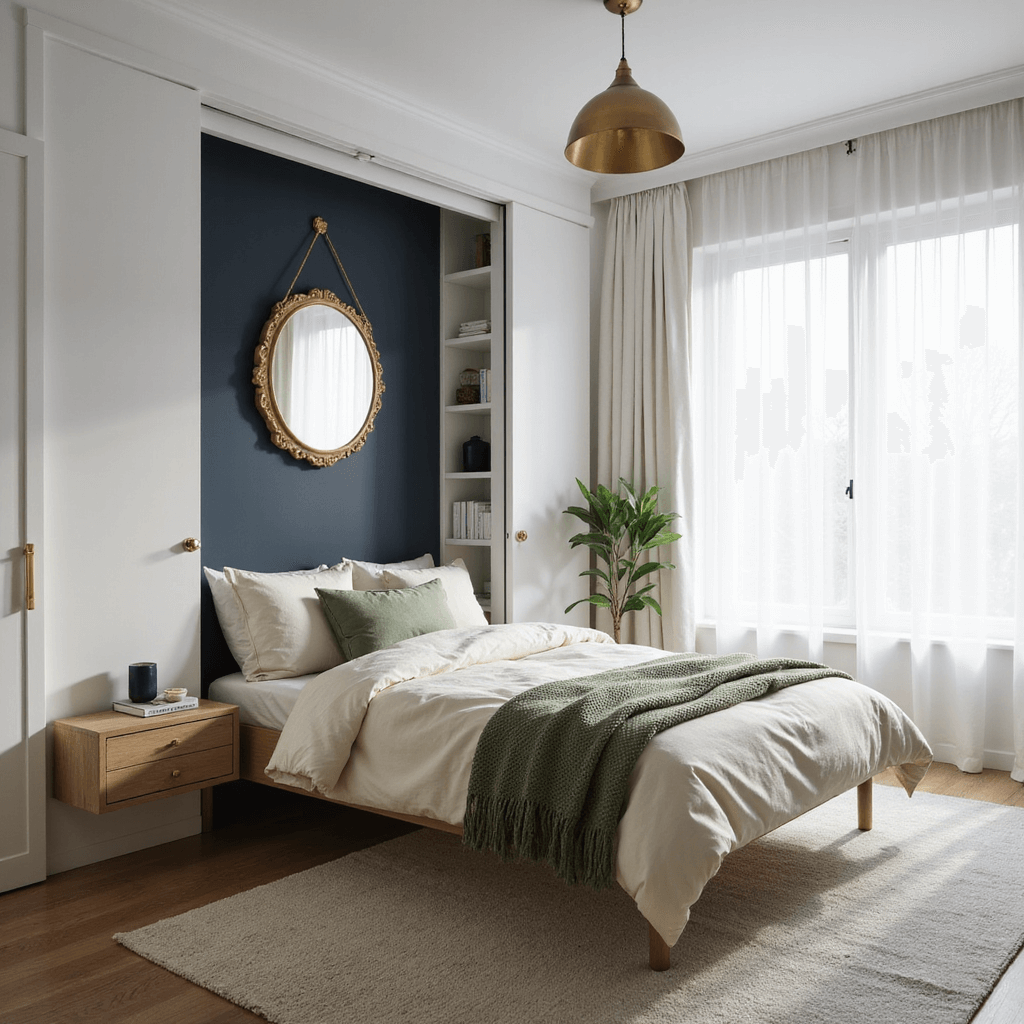 A compact 10'x12' bedroom filled with morning light, featuring a closed modern Murphy bed in matte white with built-in shelving, light oak floating nightstands, a navy accent wall, and a geometric gold mirror reflecting natural light. The decor is minimal Scandinavian with layered cream and sage green bedding, and a slim brass pendant light overhead.