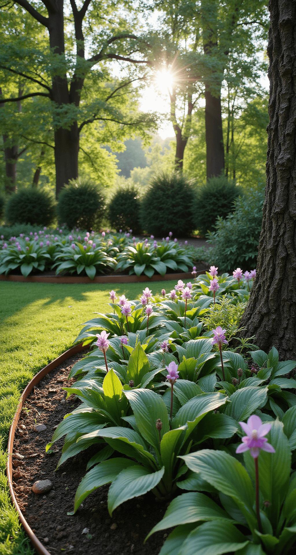 A wide shot of a curved garden bed beneath mature trees, featuring Chinese Summer Ground Orchids and Hostas 'Guacamole', framed by copper edging. Morning light highlights the vibrant green hues and textures, with orchid-pink accents scattered throughout.