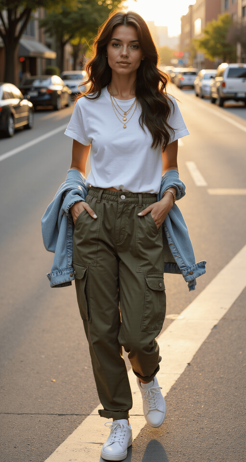 A confident fashion model walks on a sun-drenched urban street corner, wearing high-waisted olive cargo pants, a crisp white t-shirt, layered gold necklaces, and white leather sneakers, with an oversized light-wash denim jacket draped over her shoulders, captured from a low angle during golden hour.