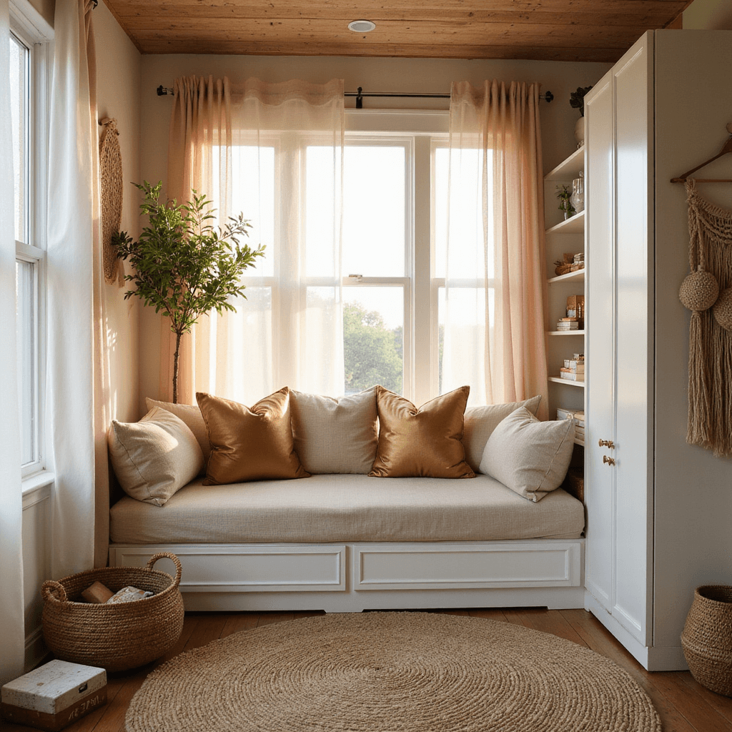 A cozy 8'x10' bedroom bathed in golden hour light, featuring a daybed in oatmeal linen, brass-accented throw pillows, and vertical white lacquer storage. The room showcases sheer curtains allowing natural light, a jute rug, woven baskets, and a macramé wall hanging, with warm neutral tones and subtle blush accents.