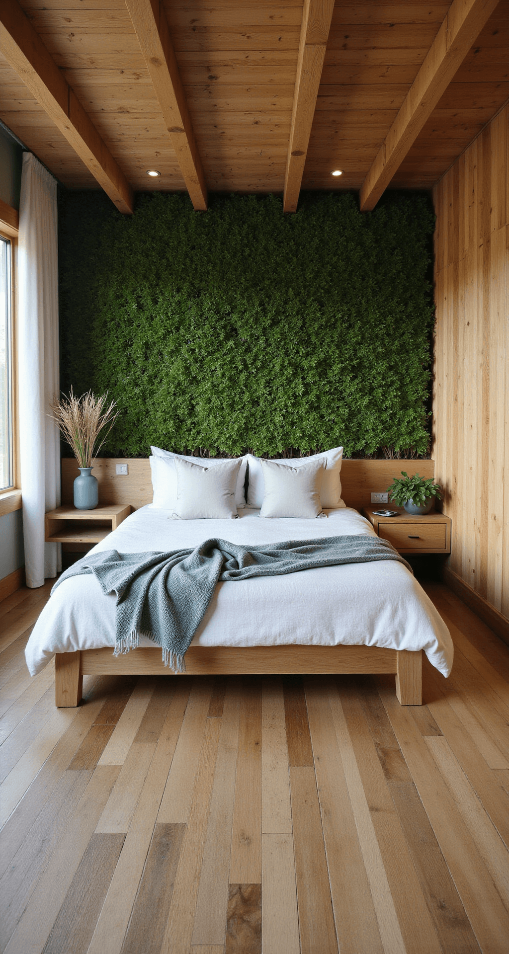 Wide shot of an eco-friendly basement bedroom featuring bamboo flooring, a living wall, a low-profile bed frame from reclaimed materials, and daylight-mimicking LEDs in a coffered ceiling, with natural fiber textiles and a nature-inspired color palette of sage, sand, and sky blue, complemented by handcrafted sustainable wood furniture.