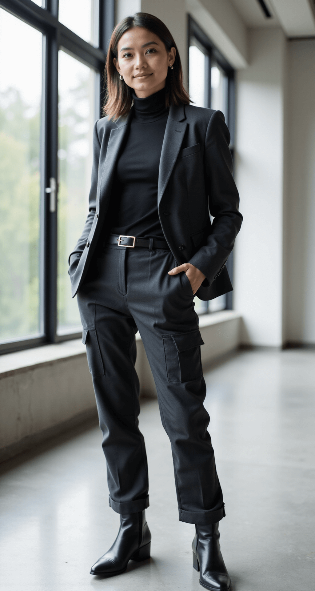 A professional in tailored black cargo pants, a fitted black turtleneck, and a structured charcoal blazer stands in a modern minimalist office with floor-to-ceiling windows, showcasing soft natural light. Pointed black leather boots enhance the sophisticated look, with clean lines of the cargo pockets visible against the hip.