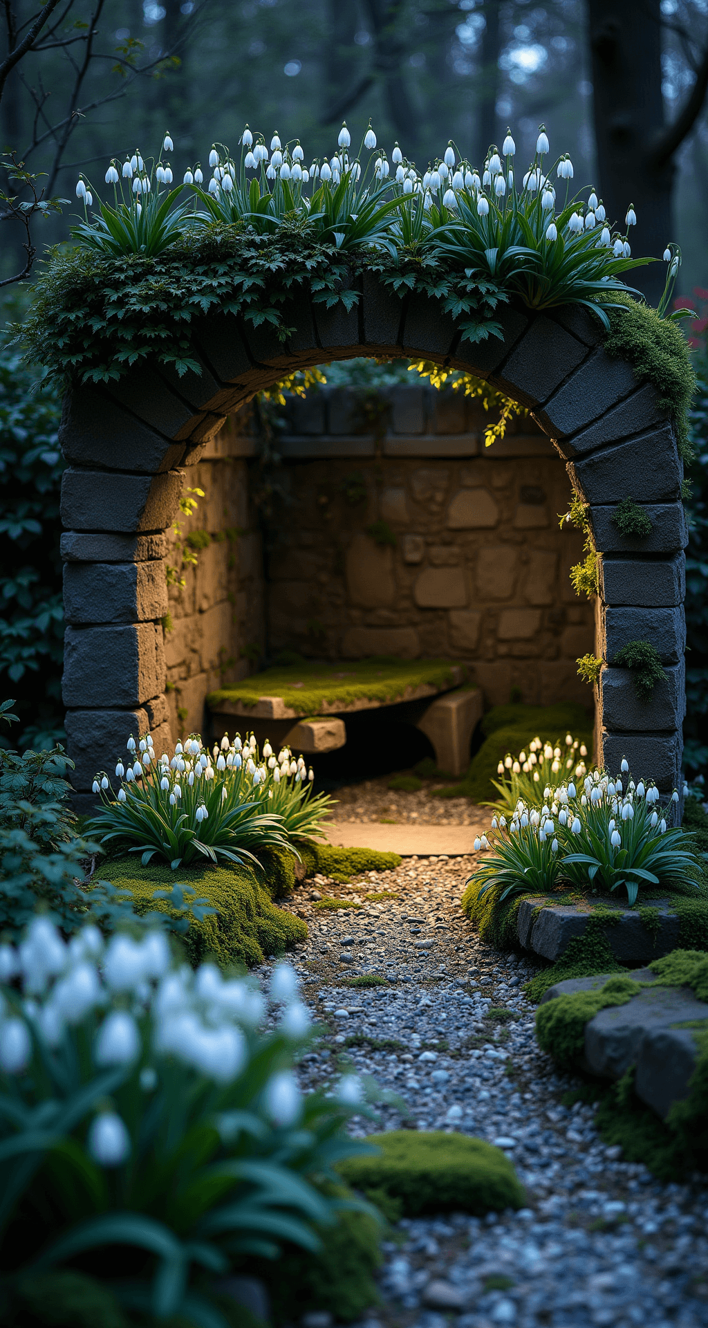 A serene woodland meditation garden at twilight, featuring snowdrops covering the ground under large Elephant Ears, with low voltage lighting casting dramatic shadows on the leaves. Moss-covered stones serve as natural seating in an intimate 15x20ft corner, showcasing a color palette of blue-green, silvery white, deep blacks, and moss green accents.