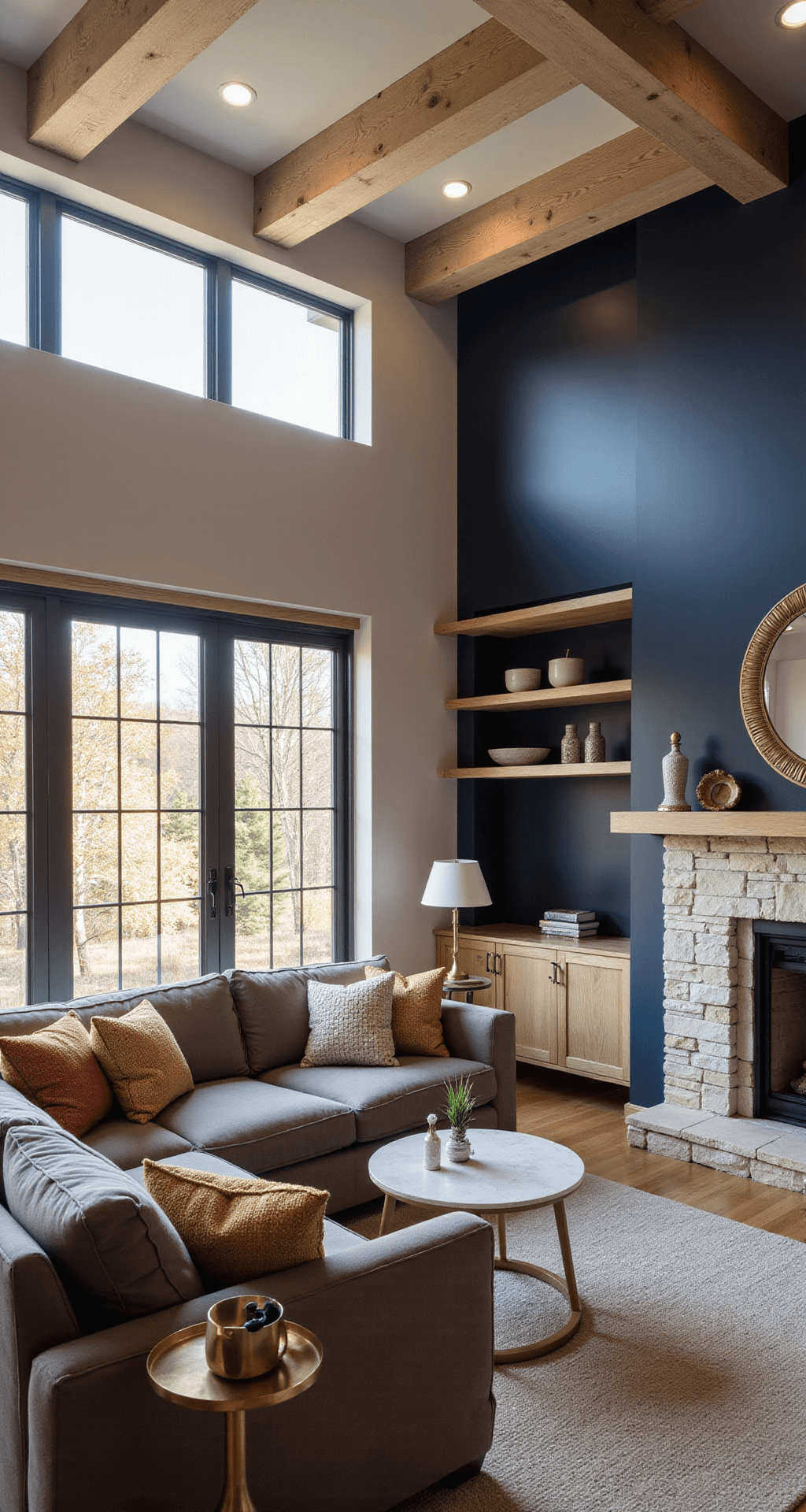 A high corner shot of a modern family room in a transformed 24x30ft basement, featuring warm afternoon light, a navy blue accent wall, a plush grey velvet L-shaped sectional, textured copper and gold pillows, recessed lighting, a contemporary gas fireplace with a stone surround, and natural wood shelves and ceiling beams.